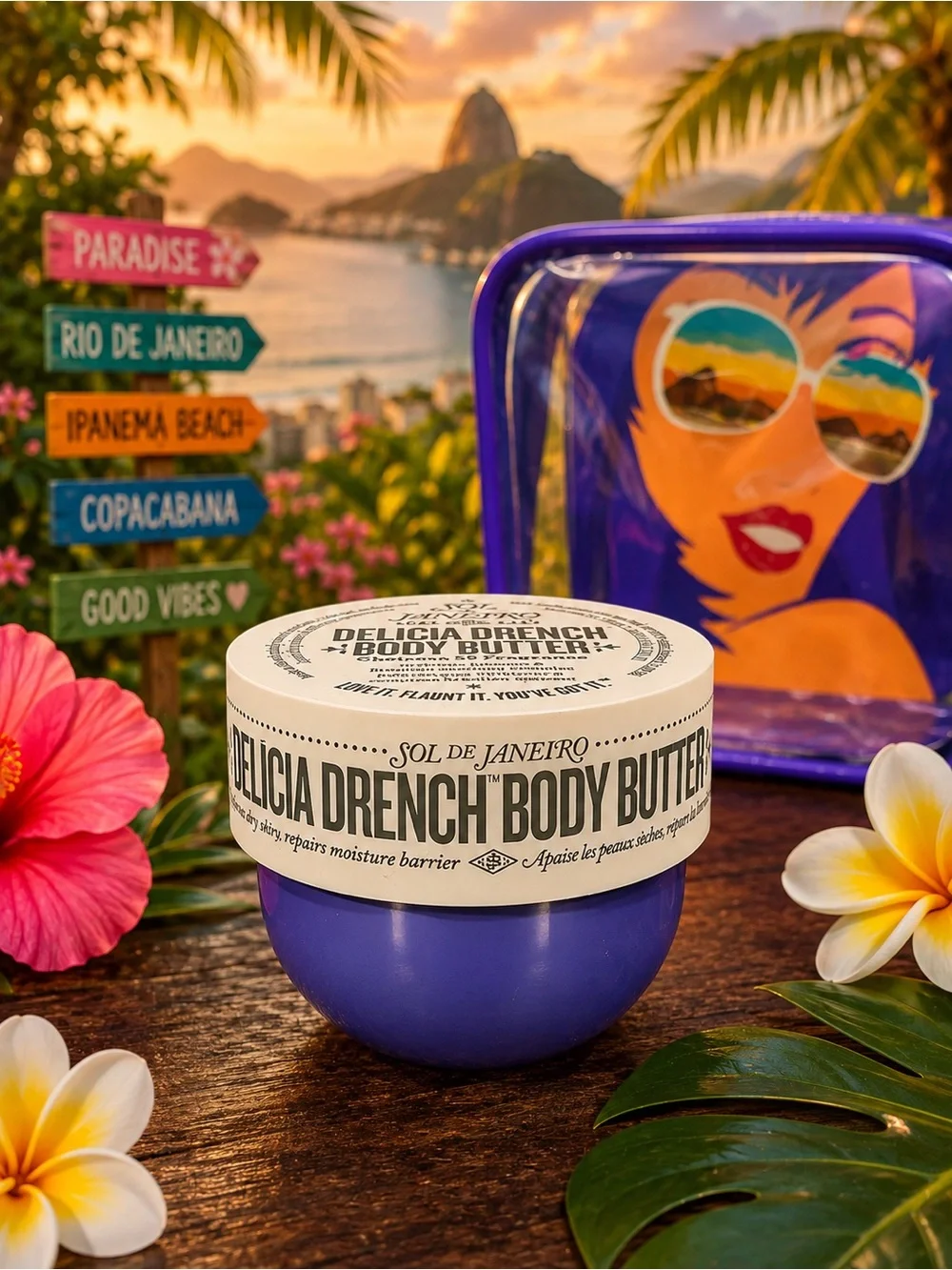 Sol de Janeiro Delicia Drench 3-Pc Set Body Butter Shower Oil Travel Pouch NWT